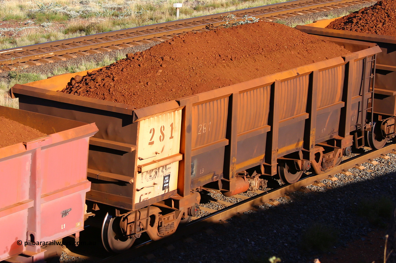 0281 210322 9790
Robe River ore waggon 281, built by Nippon Sharyo Nihon, rotary coupler end non-handbrake side loaded view at the 17 km on the Cape Lambert line, March 22, 2021.
Keywords: 281;Nippon-Sharyo-Nihon;Robe-ore-waggon;