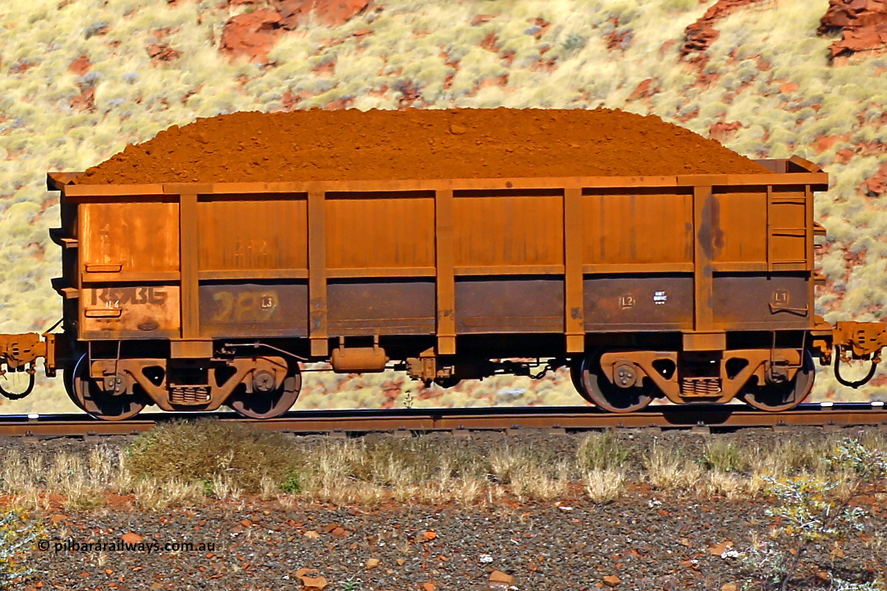 0282 170728 09937
Robe River ore waggon 282, built by Nippon Sharyo Nihon, non-handbrake side loaded view at the 72 km, Western Creek on the Deepdale line. July 28, 2017.
Keywords: 282;Nippon-Sharyo-Nihon;Robe-ore-waggon;