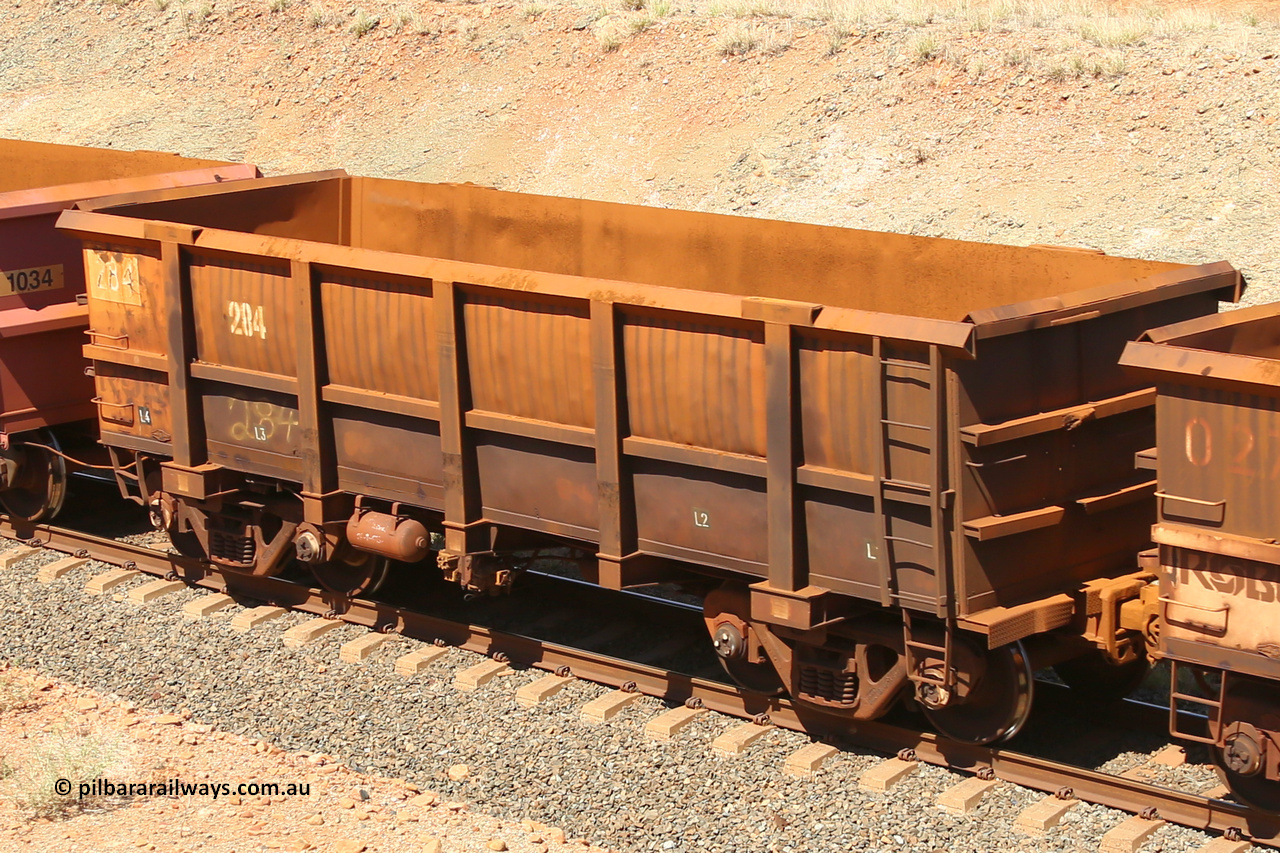0284 160306 1296
Robe River ore waggon 284, built by Nippon Sharyo Nihon, fixed coupler non-handbrake side empty view at Greenpool on the Cape Lambert line. March 6, 2016.
Keywords: 284;Nippon-Sharyo-Nihon;Robe-ore-waggon;