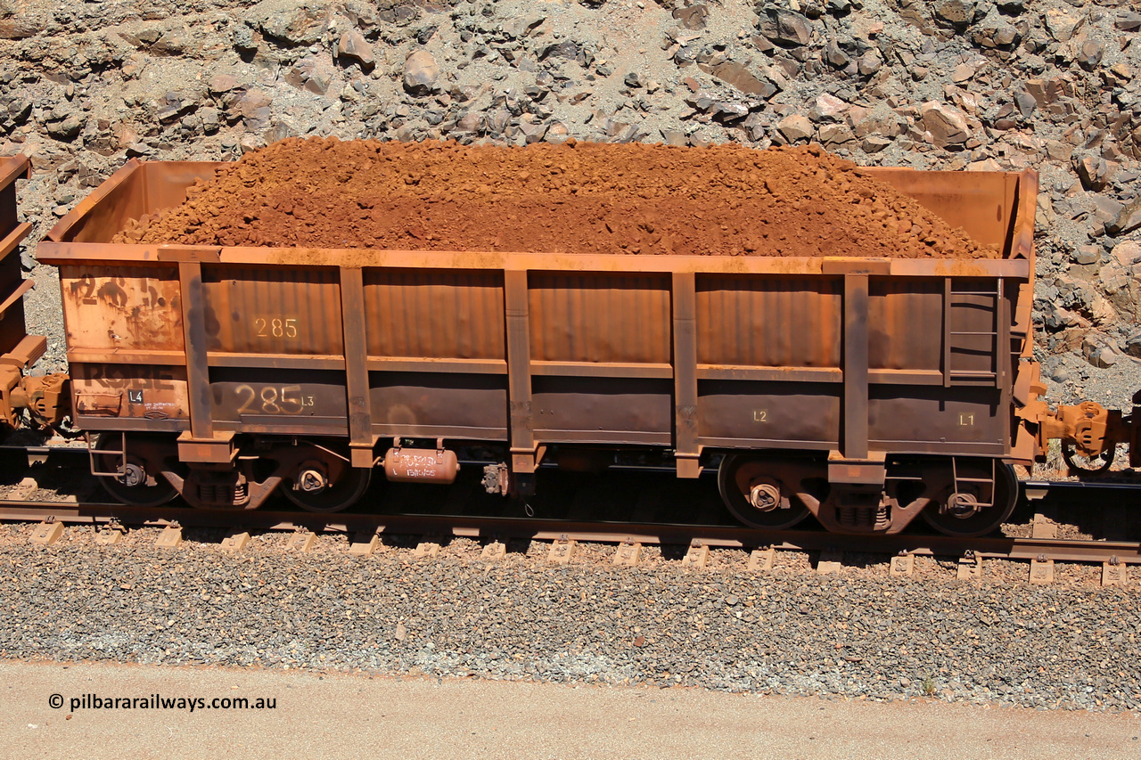 0285 160306 1577
Robe River ore waggon 285, built by Nippon Sharyo Nihon, fixed coupler handbrake side loaded view at the 45 km, Harding Siding on the Cape Lambert line. March 6, 2016.
Keywords: 285;Nippon-Sharyo-Nihon;Robe-ore-waggon;