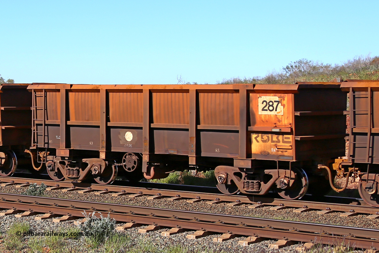 0287 160727 0972
Robe River ore waggon 287, built by Nippon Sharyo Nihon, rotary coupler end handbrake side empty view at Harding Siding on the Cape Lambert line, July 27, 2016.
Keywords: 287;Nippon-Sharyo-Nihon;Robe-ore-waggon;