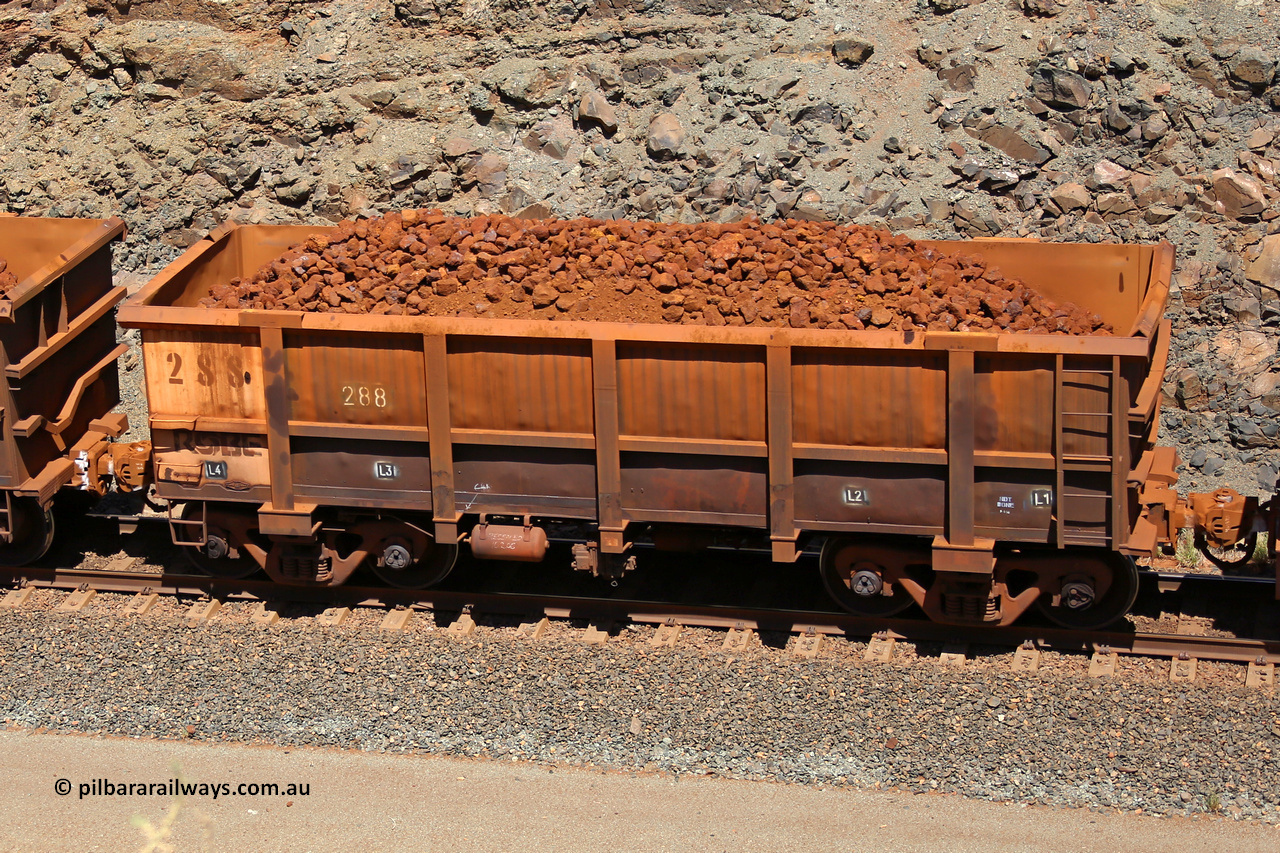 0288 160306 1659
Robe River ore waggon 288, built by Nippon Sharyo Nihon, fixed coupler non-handbrake side loaded view at the 45 km, Harding Siding on the Cape Lambert line. March 6, 2016.
Keywords: 288;Nippon-Sharyo-Nihon;Robe-ore-waggon;