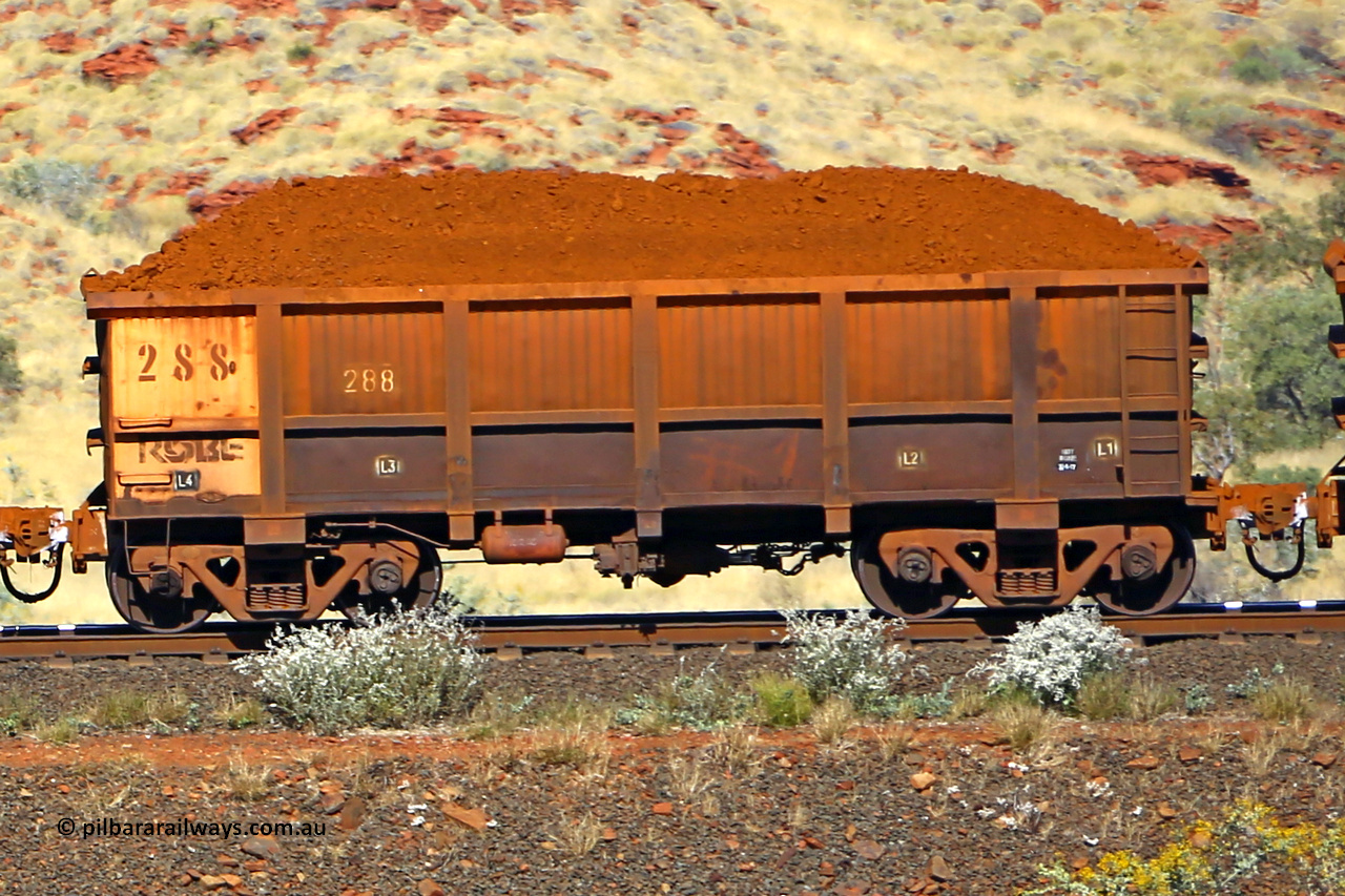 0288 170728 09931
Robe River ore waggon 288, built by Nippon Sharyo Nihon, non-handbrake side loaded view at the 72 km, Western Creek on the Deepdale line. July 28, 2017.
Keywords: 288;Nippon-Sharyo-Nihon;Robe-ore-waggon;