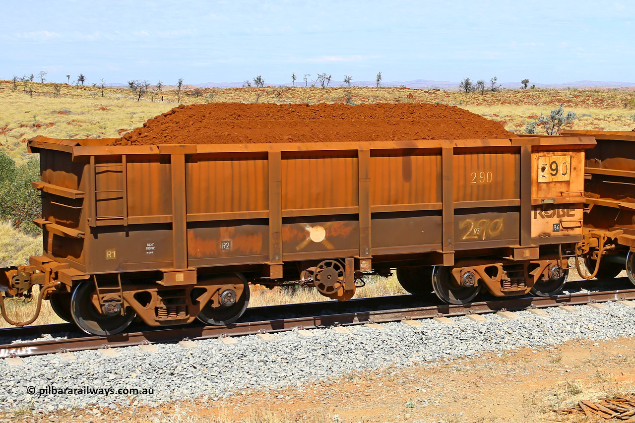 0290 170729 0247
Robe River ore waggon 290, built by Nippon Sharyo Nihon, fixed coupler handbrake side loaded view at the 103 km, between Maitland Siding and the Fortescue River on the Deepdale line. July 29, 2017.
Keywords: 290;Nippon-Sharyo-Nihon;Robe-ore-waggon;