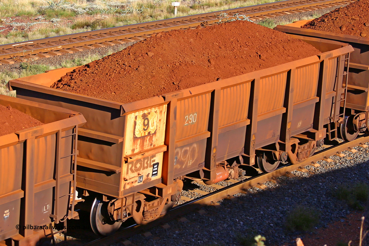 0290 210322 9755
Robe River ore waggon 290, built by Nippon Sharyo Nihon, rotary coupler end non-handbrake side loaded view at the 17 km on the Cape Lambert line, March 22, 2021.
Keywords: 290;Nippon-Sharyo-Nihon;Robe-ore-waggon;