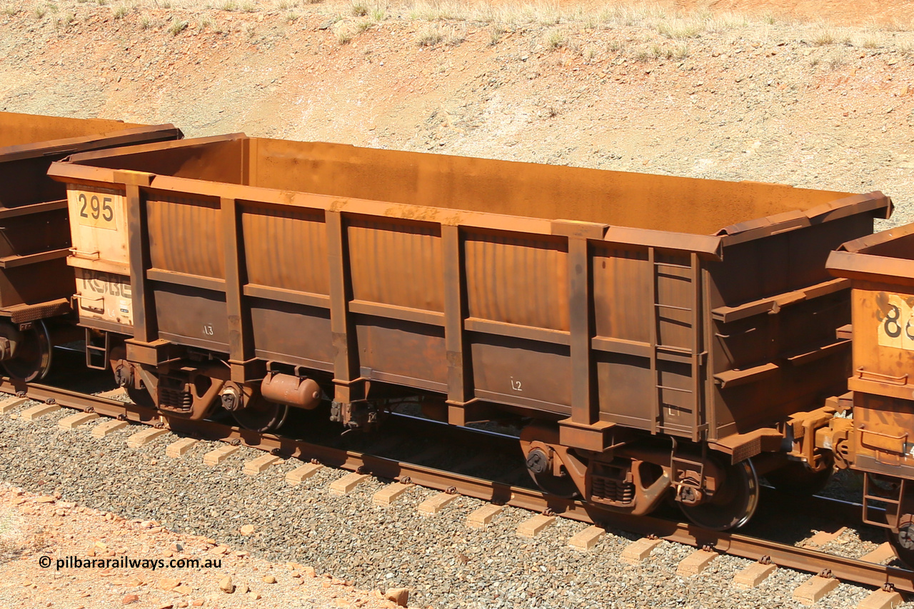 0295 160306 1248
Robe River ore waggon 295, built by Nippon Sharyo Nihon, fixed coupler non-handbrake side empty view at Greenpool on the Cape Lambert line. March 6, 2016.
Keywords: 295;Nippon-Sharyo-Nihon;Robe-ore-waggon;