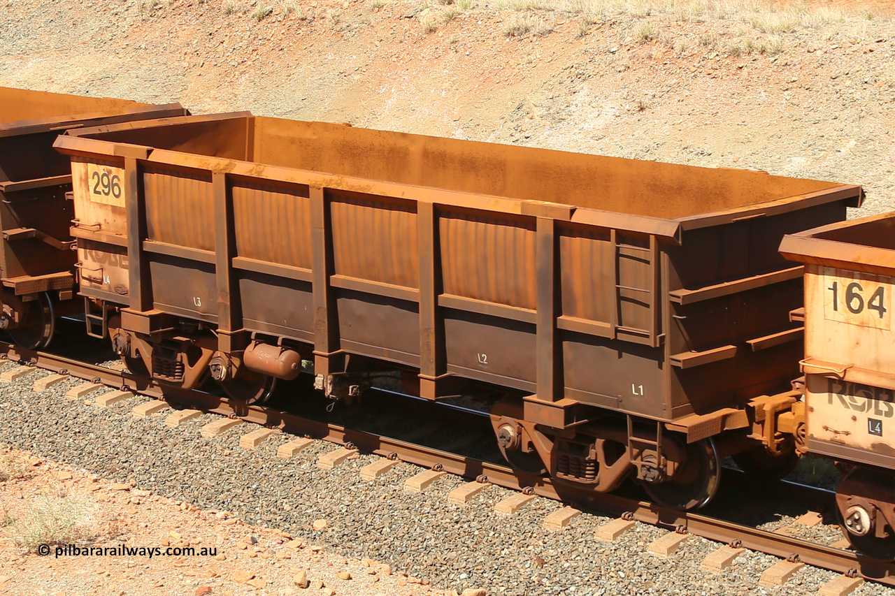 0296 160306 1278
Robe River ore waggon 296, built by Nippon Sharyo Nihon, fixed coupler non-handbrake side empty view at Greenpool on the Cape Lambert line. March 6, 2016.
Keywords: 296;Nippon-Sharyo-Nihon;Robe-ore-waggon;