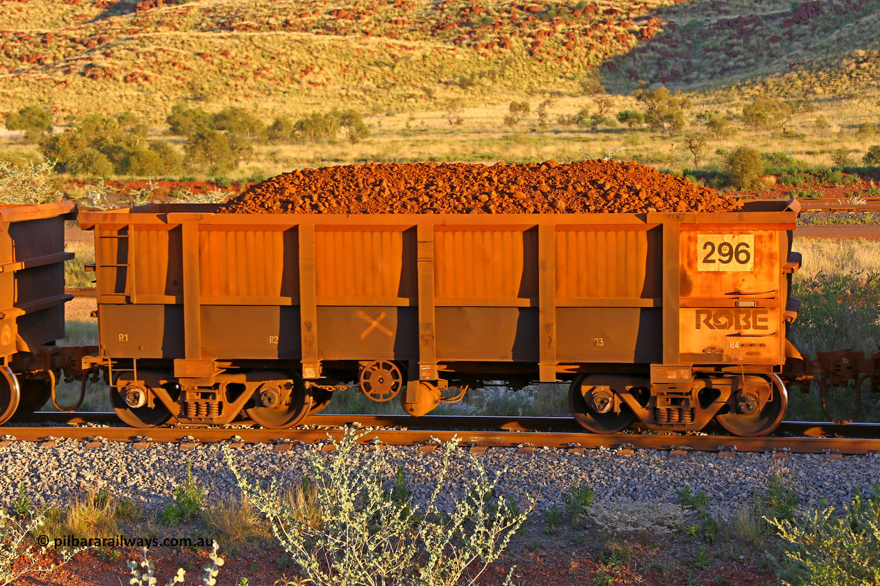 0296 170513 8665
Robe River ore waggon 296, built by Nippon Sharyo Nihon, handbrake side loaded view, Cape Lambert yard, May 13, 2017.
Keywords: 296;Nippon-Sharyo-Nihon;Robe-ore-waggon;