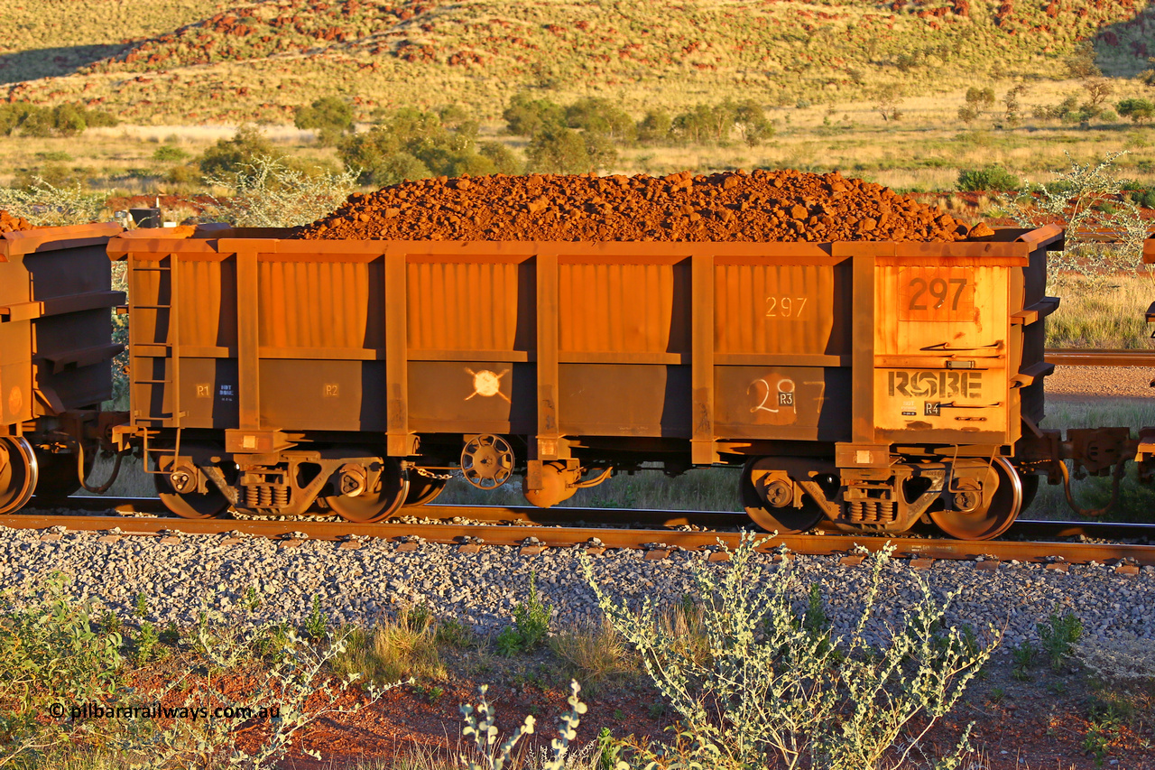 0297 170513 8646
Robe River ore waggon 297, built by Nippon Sharyo Nihon, handbrake side loaded view, Cape Lambert yard, May 13, 2017.
Keywords: 297;Nippon-Sharyo-Nihon;Robe-ore-waggon;