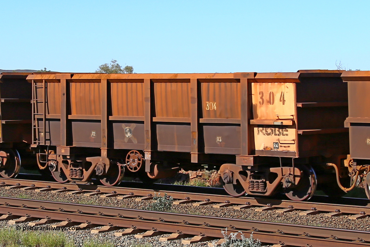 0304 160727 0959
Robe River ore waggon 304, built by Nippon Sharyo Nihon, rotary coupler end handbrake side empty view at Harding Siding on the Cape Lambert line, July 27, 2016.
Keywords: 304;Nippon-Sharyo-Nihon;Robe-ore-waggon;