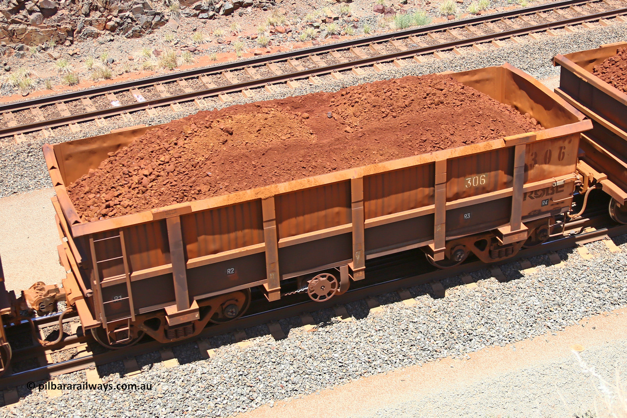 0306 160306 1452
Robe River ore waggon 306, built by Nippon Sharyo Nihon, fixed coupler handbrake side loaded view at the 45 km, Harding Siding on the Cape Lambert line. March 6, 2016.
Keywords: 306;Nippon-Sharyo-Nihon;Robe-ore-waggon;