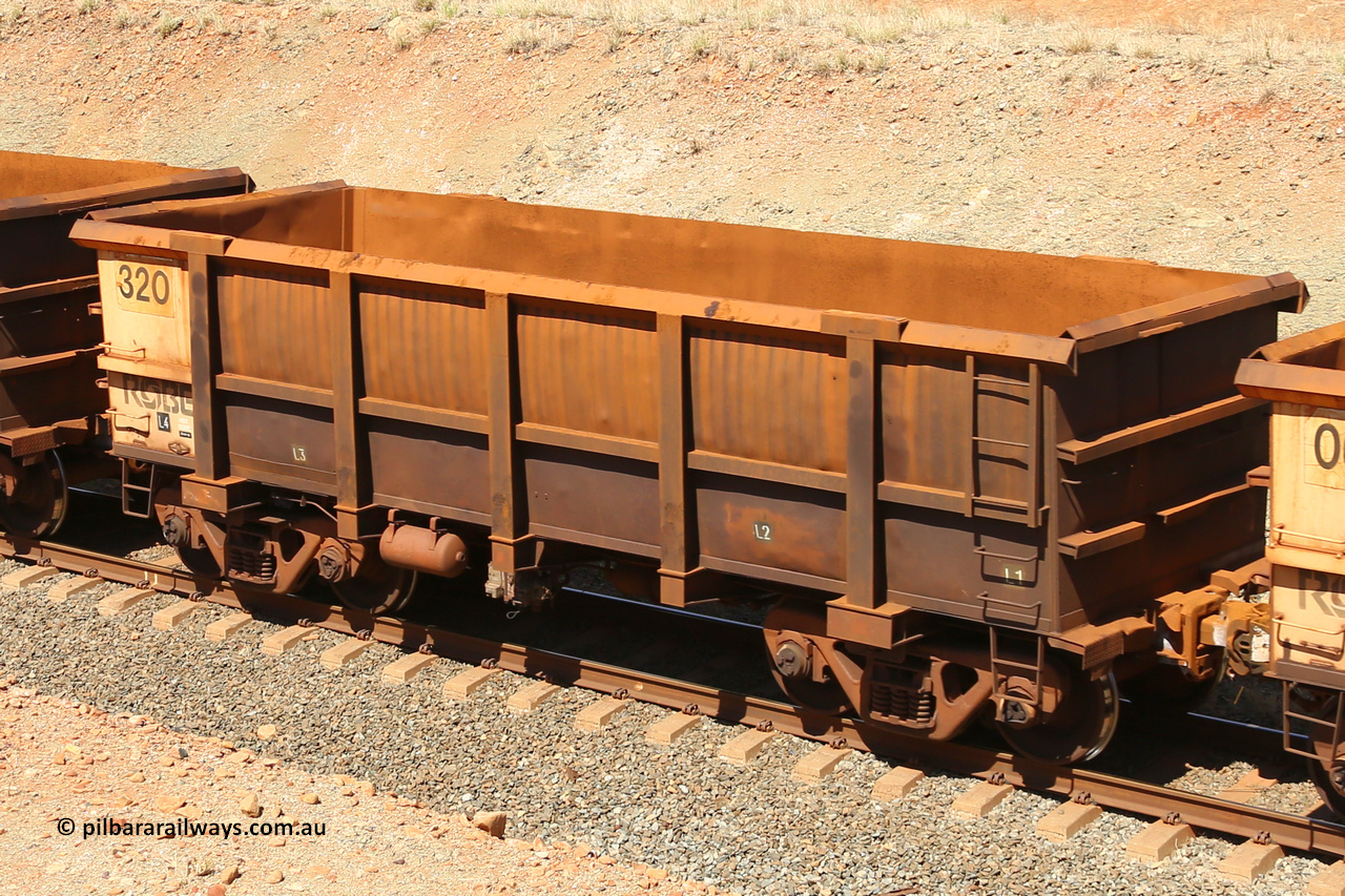 0320 160306 1355
Robe River ore waggon 320, built by Nippon Sharyo Nihon, fixed coupler non-handbrake side empty view at Greenpool on the Cape Lambert line. March 6, 2016.
Keywords: 320;Nippon-Sharyo-Nihon;Robe-ore-waggon;