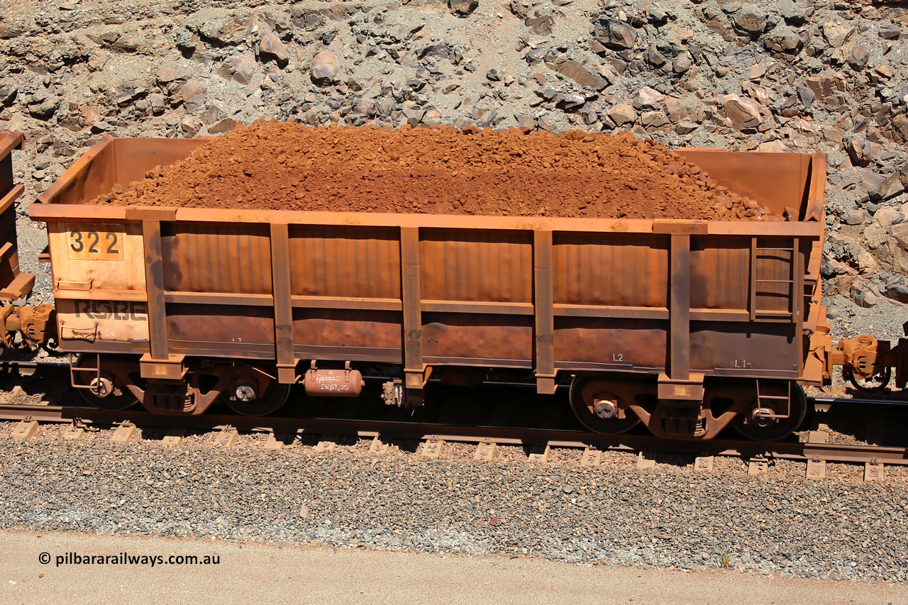 0322 160306 1589
Robe River ore waggon 322, built by Nippon Sharyo Nihon, fixed coupler non-handbrake side loaded view at the 45 km, Harding Siding on the Cape Lambert line. March 6, 2016.
Keywords: 322;Nippon-Sharyo-Nihon;Robe-ore-waggon;