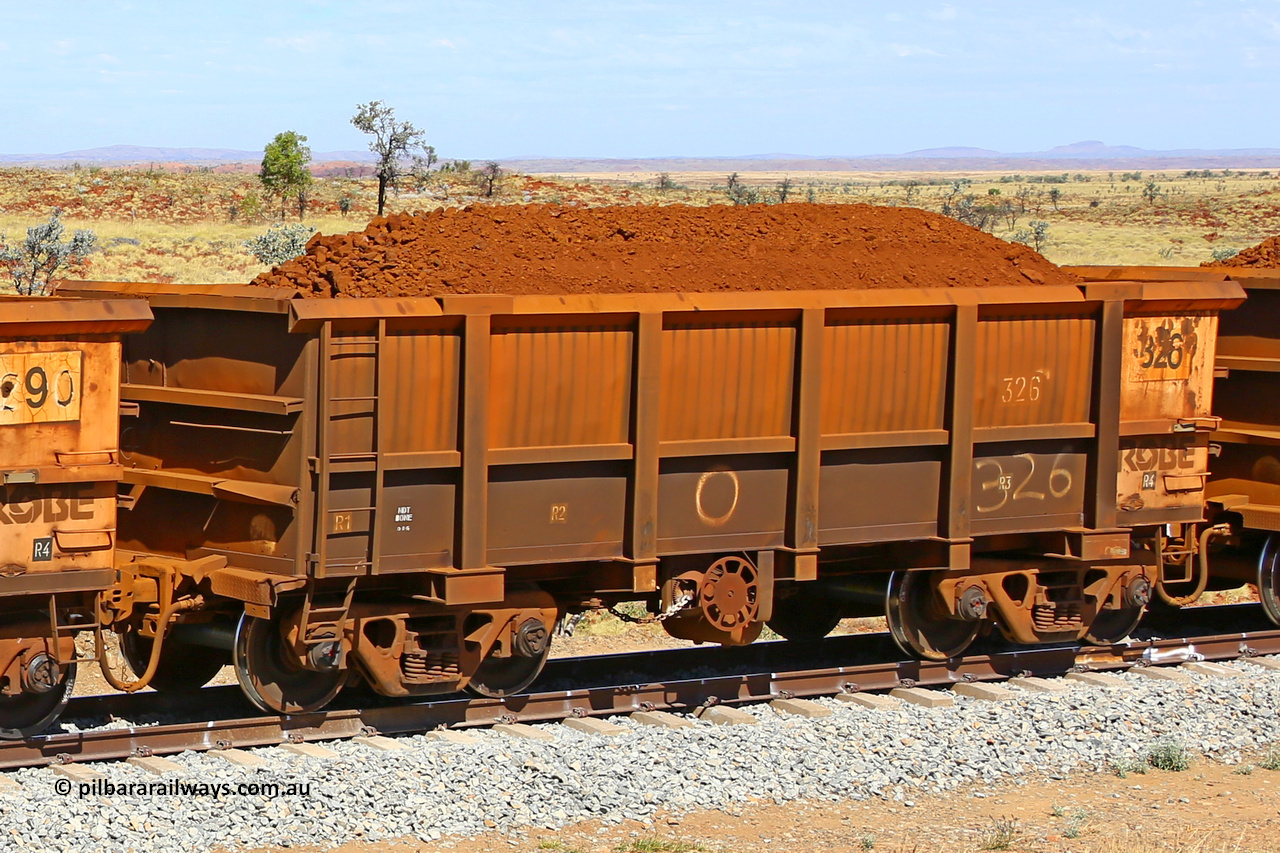 0326 170729 0247
Robe River ore waggon 326, built by Nippon Sharyo Nihon, fixed coupler handbrake side loaded view at the 103 km, between Maitland Siding and the Fortescue River on the Deepdale line. July 29, 2017.
Keywords: 326;Nippon-Sharyo-Nihon;Robe-ore-waggon;