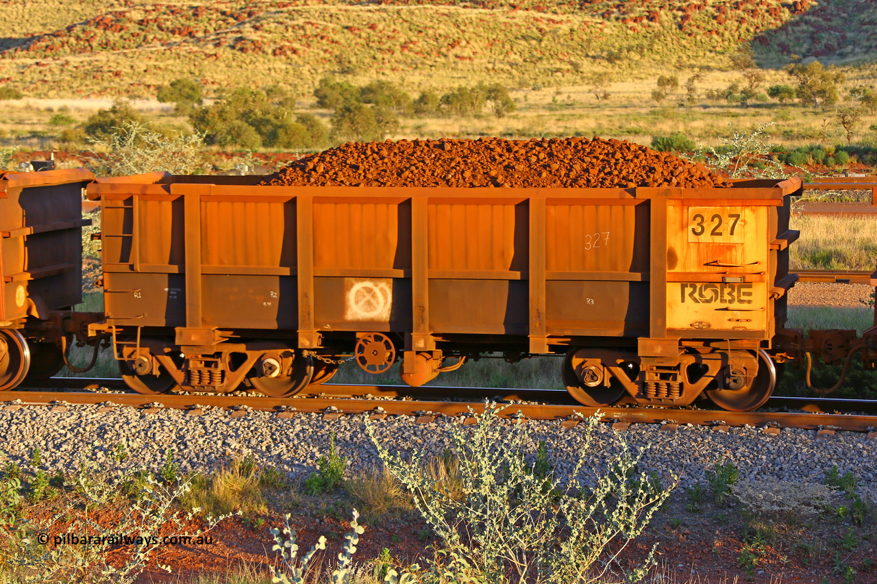 0327 170513 8678
Robe River ore waggon 327, built by Nippon Sharyo Nihon, handbrake side loaded view, Cape Lambert yard, May 13, 2017.
Keywords: 327;Nippon-Sharyo-Nihon;Robe-ore-waggon;