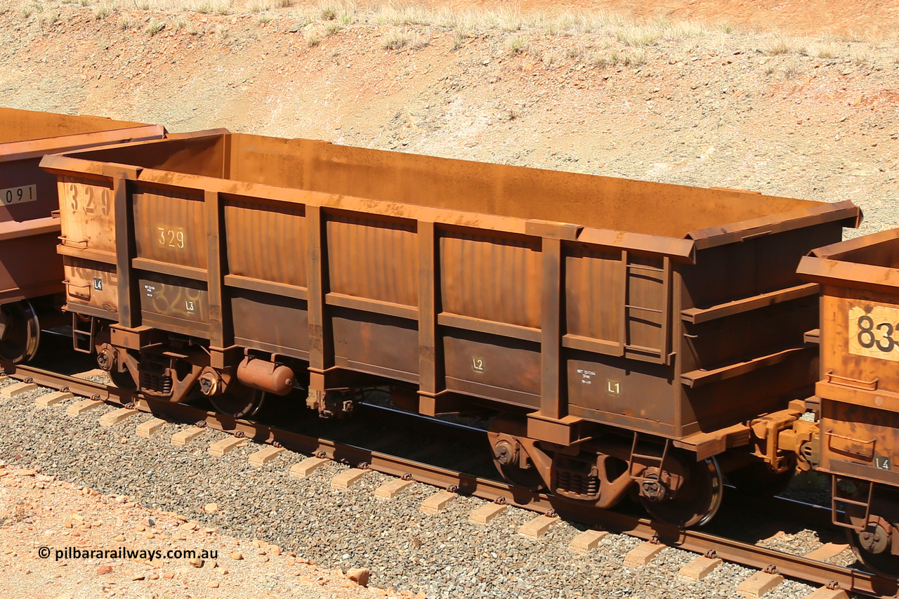 0329 160306 1308
Robe River ore waggon 329, built by Nippon Sharyo Nihon, fixed coupler non-handbrake side empty view at Greenpool on the Cape Lambert line. March 6, 2016.
Keywords: 329;Nippon-Sharyo-Nihon;Robe-ore-waggon;