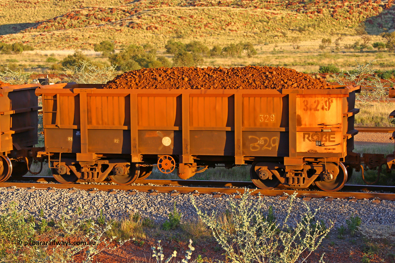 0329 170513 8645
Robe River ore waggon 329, built by Nippon Sharyo Nihon, handbrake side loaded view, Cape Lambert yard, May 13, 2017.
Keywords: 329;Nippon-Sharyo-Nihon;Robe-ore-waggon;