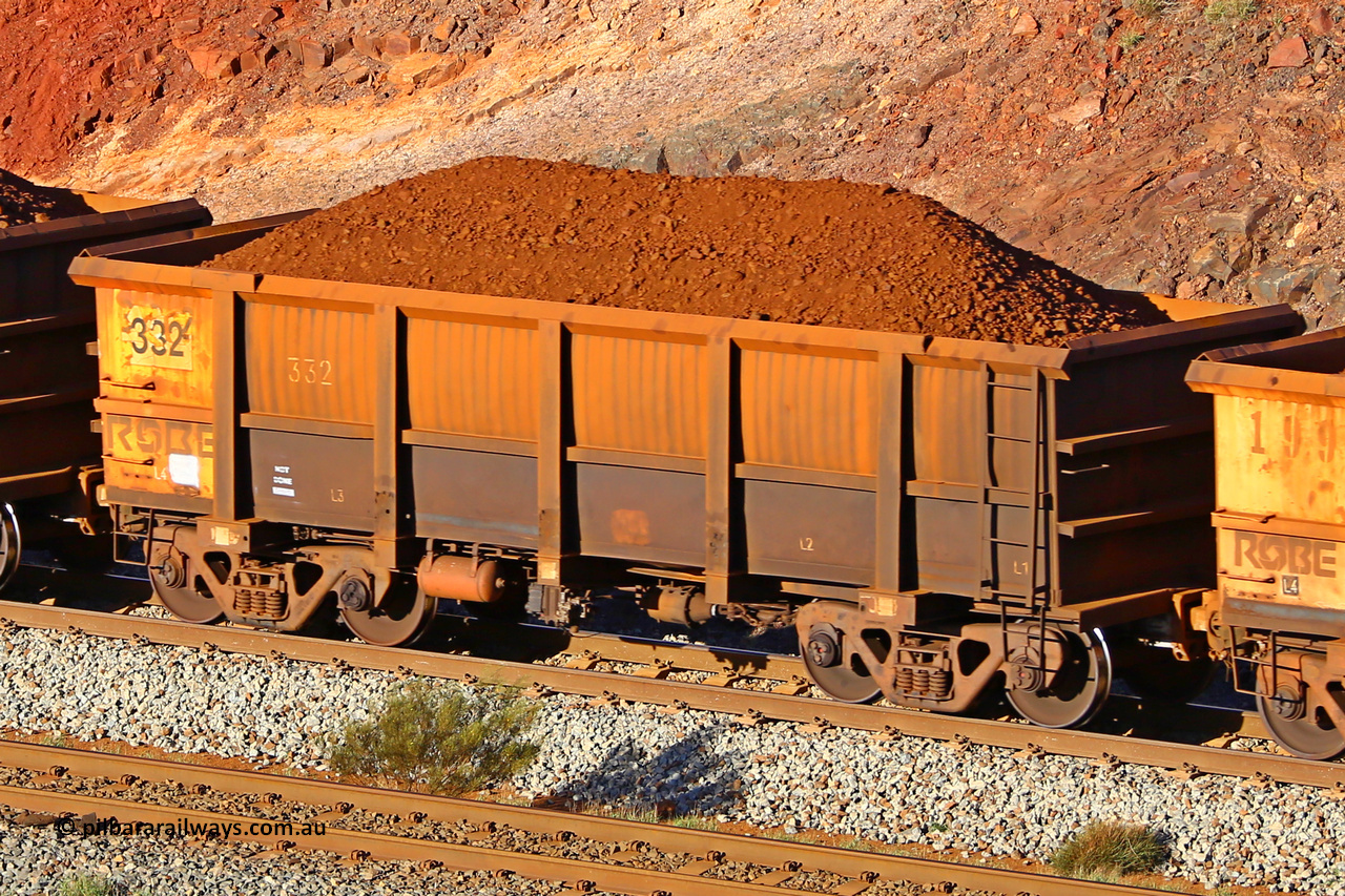0332 180616 1647
Robe River ore waggon 332, built by Nippon Sharyo Nihon, fixed coupler non-handbrake side loaded view at the 38.5 km, Harding on the Cape Lambert line, June 16, 2018.
Keywords: 332;Nippon-Sharyo-Nihon;Robe-ore-waggon;