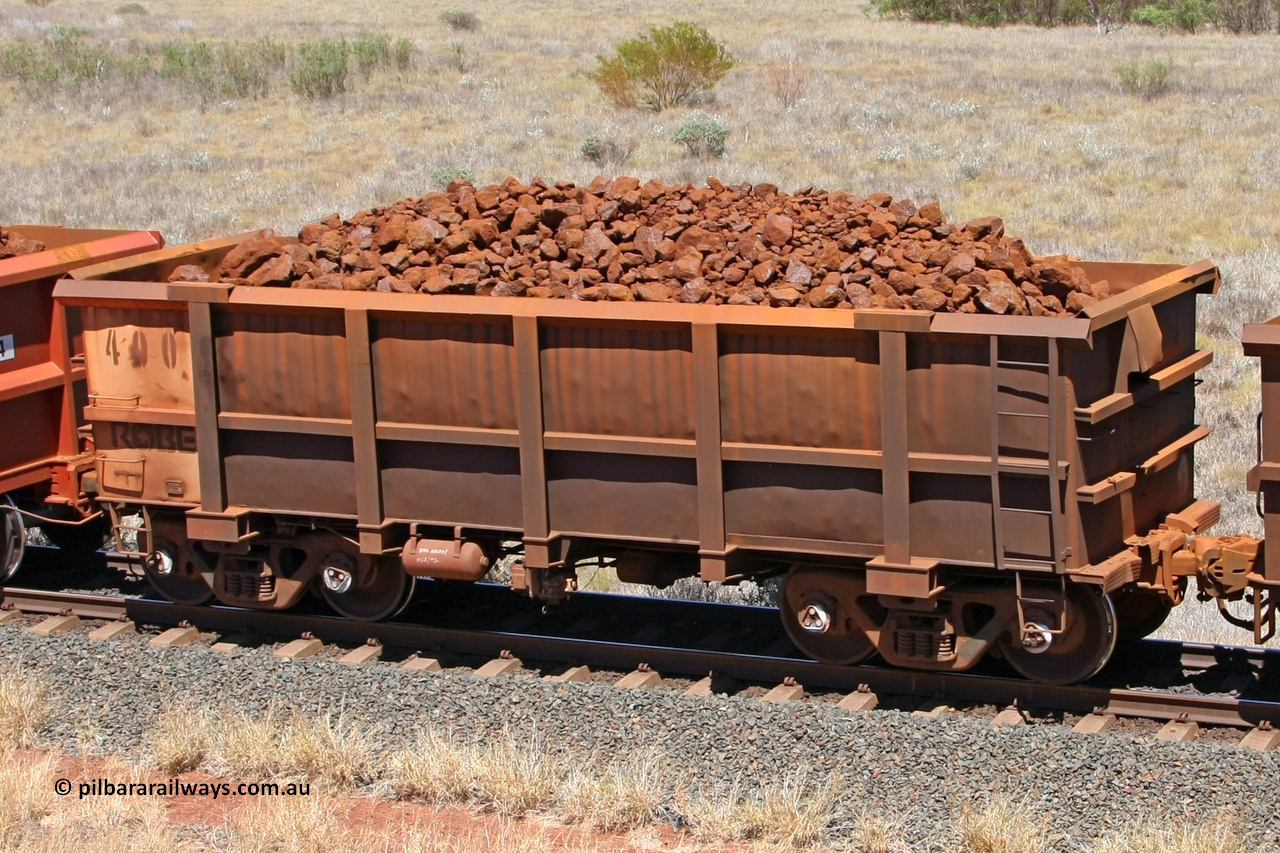 0400 081209 0159
Robe River ore waggon 400, built by Tomlinson Steel WA, fixed coupler non-handbrake side loaded view at the 7 km location just south of Cape Lambert yard. December 9, 2008.
Keywords: 400;Tomlinson-Steel-WA;Robe-ore-waggon;