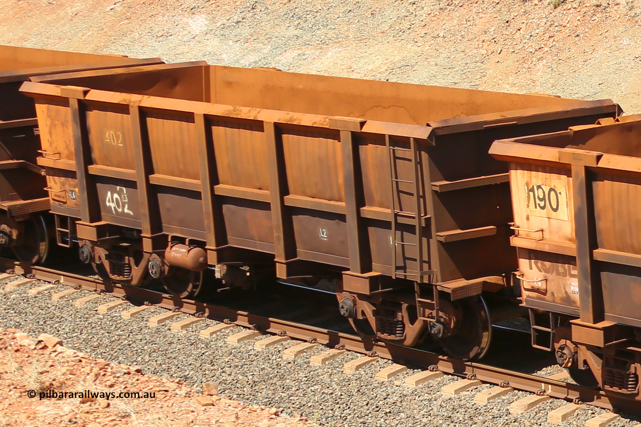0402 160306 1347
Robe River ore waggon 402, built by Tomlinson Steel WA, fixed coupler non-handbrake side empty view at Greenpool on the Cape Lambert line. March 6, 2016.
Keywords: 402;Tomlinson-Steel-WA;Robe-ore-waggon;