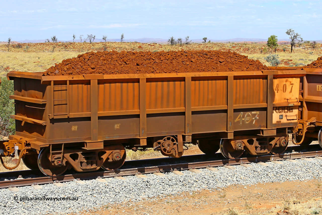 0407 170729 0202
Robe River ore waggon 407, built by Tomlinson Steel WA, fixed coupler handbrake side loaded view at the 103 km, between Maitland Siding and the Fortescue River on the Deepdale line. July 29, 2017.
Keywords: 407;Tomlinson-Steel-WA;Robe-ore-waggon;