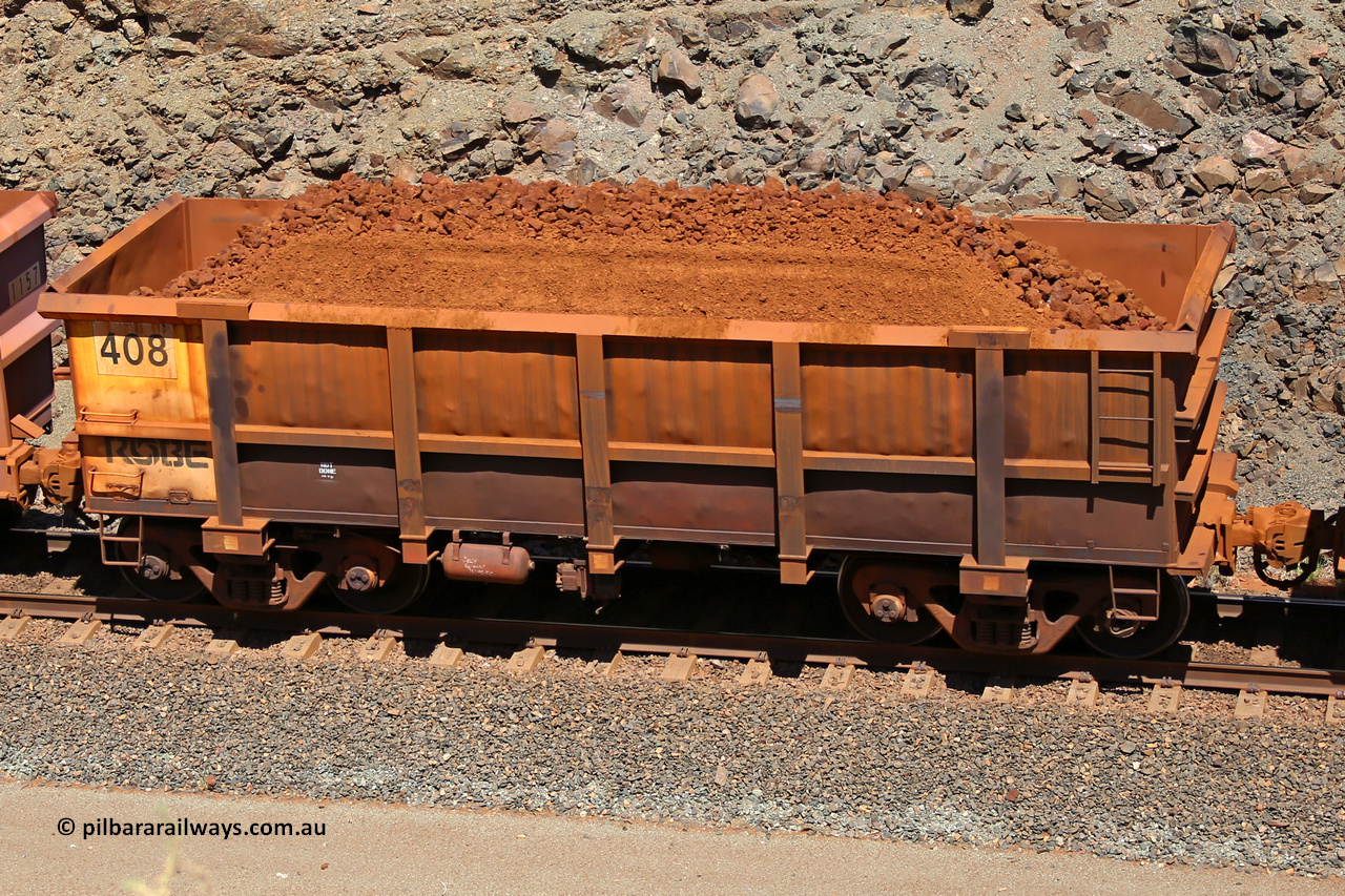 0408 160306 1614
Robe River ore waggon 408, built by Tomlinson Steel WA, fixed coupler non-handbrake side loaded view at the 45 km, Harding Siding on the Cape Lambert line. March 6, 2016.
Keywords: 408;Tomlinson-Steel-WA;Robe-ore-waggon;