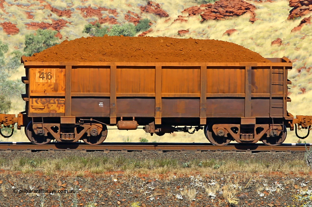 0416 170728 09944
Robe River ore waggon 416, built by Tomlinson Steel WA, non-handbrake side loaded view at the 72 km, Western Creek on the Deepdale line. July 28, 2017.
Keywords: 416;Tomlinson-Steel-WA;Robe-ore-waggon;