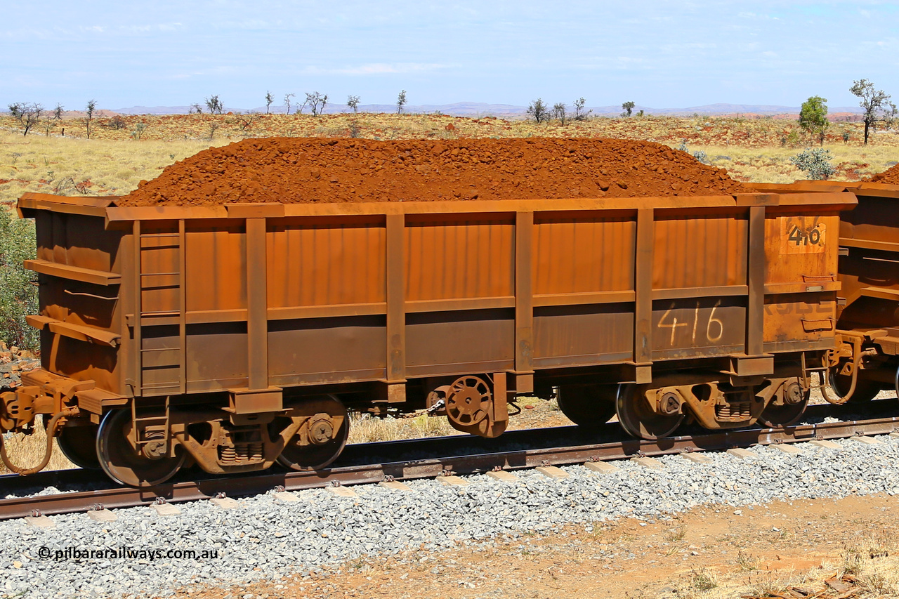 0416 170729 0208
Robe River ore waggon 416, built by Tomlinson Steel WA, fixed coupler handbrake side loaded view at the 103 km, between Maitland Siding and the Fortescue River on the Deepdale line. July 29, 2017.
Keywords: 416;Tomlinson-Steel-WA;Robe-ore-waggon;
