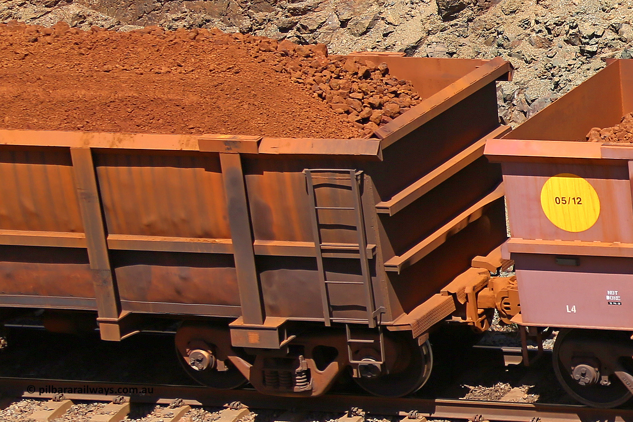 0417 160306 1623
Robe River ore waggon 417, built by Tomlinson Steel WA, fixed coupler non-handbrake side loaded parital view of end, at the 45 km, Harding Siding on the Cape Lambert line. March 6, 2016.
Keywords: 417;Tomlinson-Steel-WA;Robe-ore-waggon;