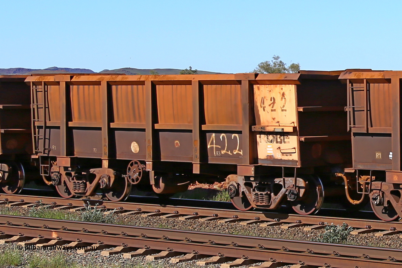 0422 160727 0982
Robe River ore waggon 422, built by Tomlinson Steel WA, rotary coupler end handbrake side empty view at Harding Siding on the Cape Lambert line, July 27, 2016.
Keywords: 422;Tomlinson-Steel-WA;Robe-ore-waggon;