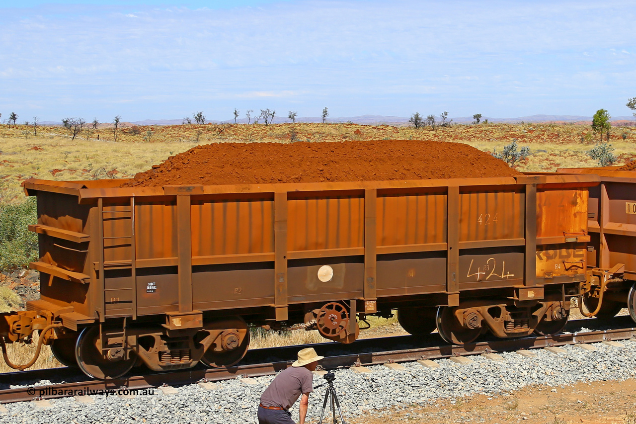 0424 170729 0265
Robe River ore waggon 424, built by Tomlinson Steel WA, fixed coupler handbrake side loaded view at the 103 km, between Maitland Siding and the Fortescue River on the Deepdale line. July 29, 2017.
Keywords: 424;Tomlinson-Steel-WA;Robe-ore-waggon;