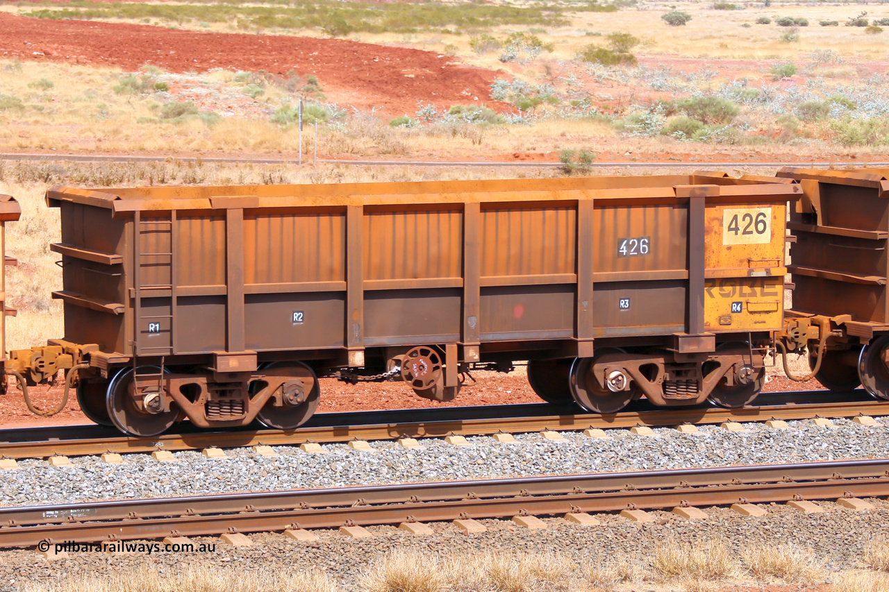 0426 141124 6841
Robe River ore waggon 426, built by Tomlinson Steel WA, fixed coupler handbrake side empty view at the 25 km at Arches Siding on the Cape Lambert line. November 24, 2014.
Keywords: 426;Tomlinson-Steel-WA;Robe-ore-waggon;