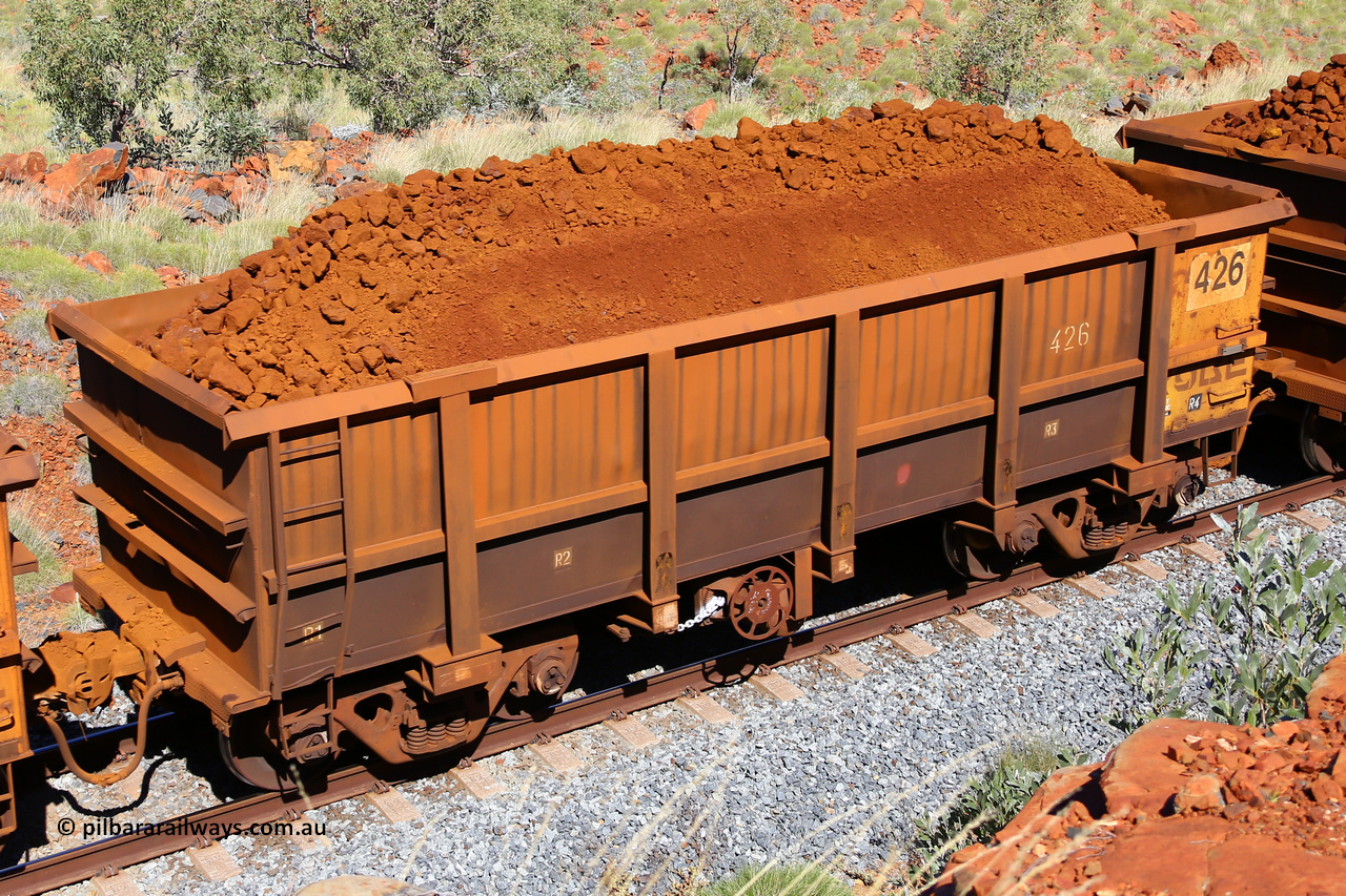 0426 180616 1871
Robe River ore waggon 426, built by Tomlinson Steel WA, fixed coupler handbrake side loaded view at Maitland Siding on the Deepdale line, June 16, 2018.
Keywords: 426;Tomlinson-Steel-WA;Robe-ore-waggon;