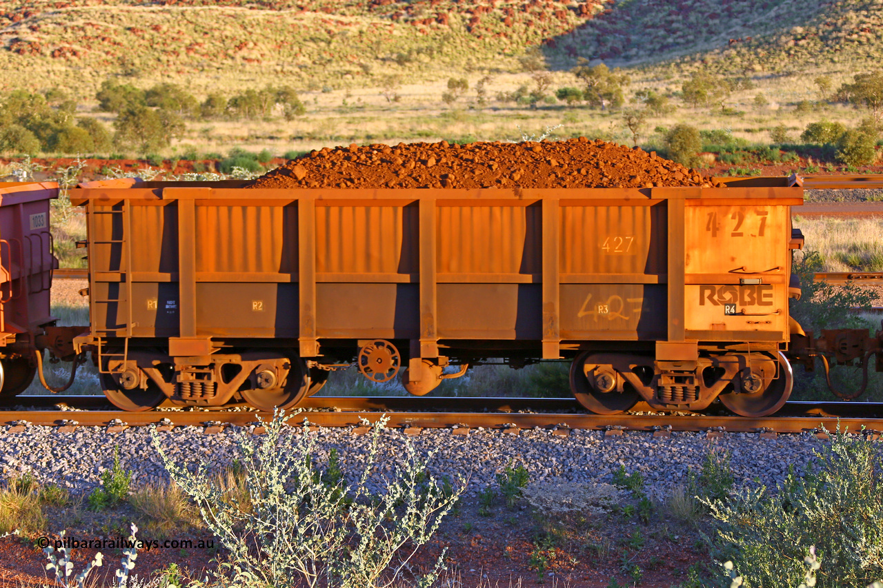 0427 170513 8745
Robe River ore waggon 427, built by Tomlinson Steel WA, handbrake side loaded view, Cape Lambert yard, May 13, 2017.
Keywords: 427;Tomlinson-Steel-WA;Robe-ore-waggon;