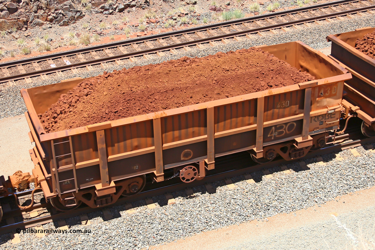 0430 160306 1476
Robe River ore waggon 430, built by Tomlinson Steel WA, fixed coupler handbrake side loaded view at the 45 km, Harding Siding on the Cape Lambert line. March 6, 2016.
Keywords: 430;Tomlinson-Steel-WA;Robe-ore-waggon;