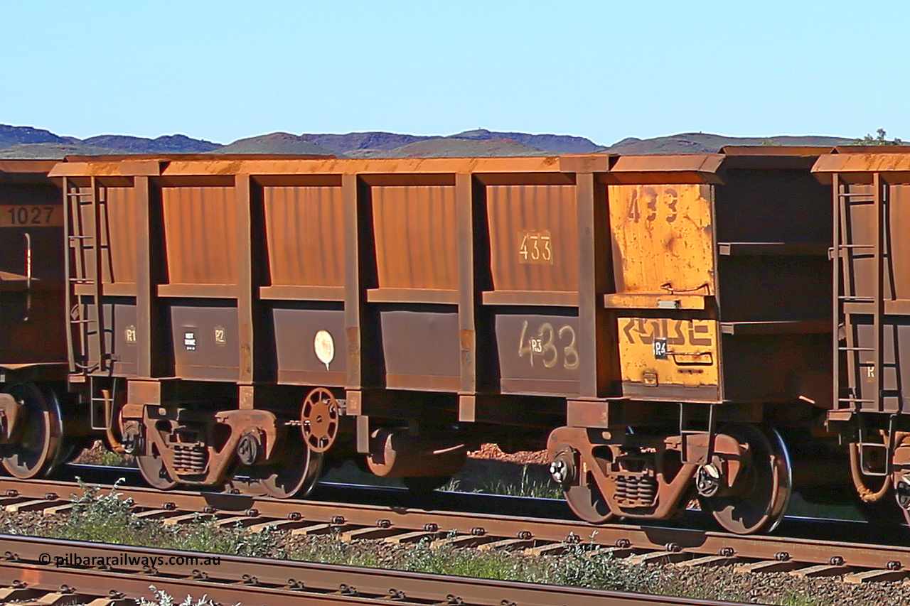 0433 160727 0959
Robe River ore waggon 432, built by Tomlinson Steel WA, rotary coupler end handbrake side empty view at Harding Siding on the Cape Lambert line, July 27, 2016.
Keywords: 433;Tomlinson-Steel-WA;Robe-ore-waggon;