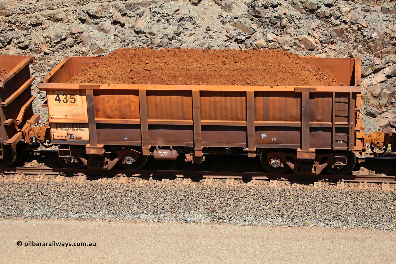 0435 160306 1541
Robe River ore waggon 435, built by Tomlinson Steel WA, fixed coupler non-handbrake side loaded parital view of end, at the 45 km, Harding Siding on the Cape Lambert line. March 6, 2016.
Keywords: 435;Tomlinson-Steel-WA;Robe-ore-waggon;