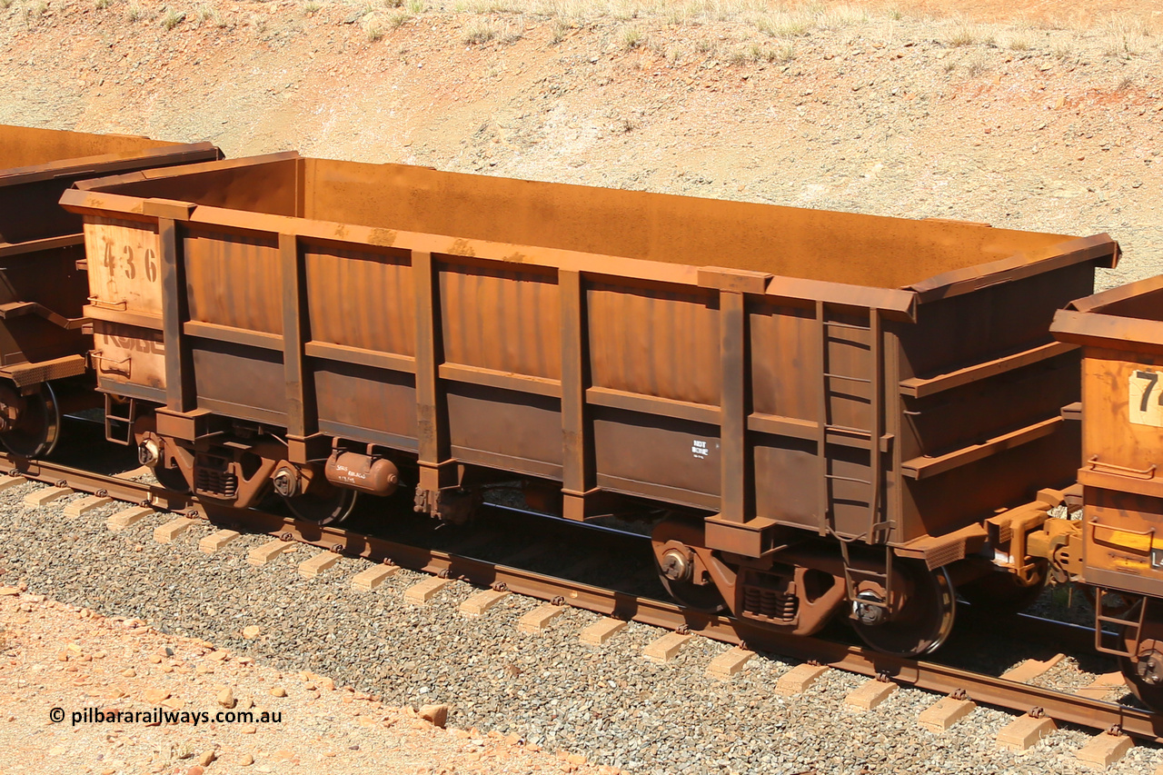 0436 160306 1256
Robe River ore waggon 436, built by Tomlinson Steel WA, fixed coupler non-handbrake side empty view at Greenpool on the Cape Lambert line. March 6, 2016.
Keywords: 436;Tomlinson-Steel-WA;Robe-ore-waggon;