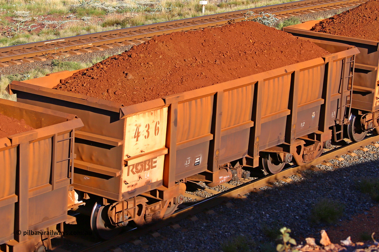 0436 210322 9754
Robe River ore waggon 436, built by Tomlinson Steel WA, rotary coupler end non-handbrake side loaded view at the 17 km on the Cape Lambert line, March 22, 2021.
Keywords: 436;Tomlinson-Steel-WA;Robe-ore-waggon;
