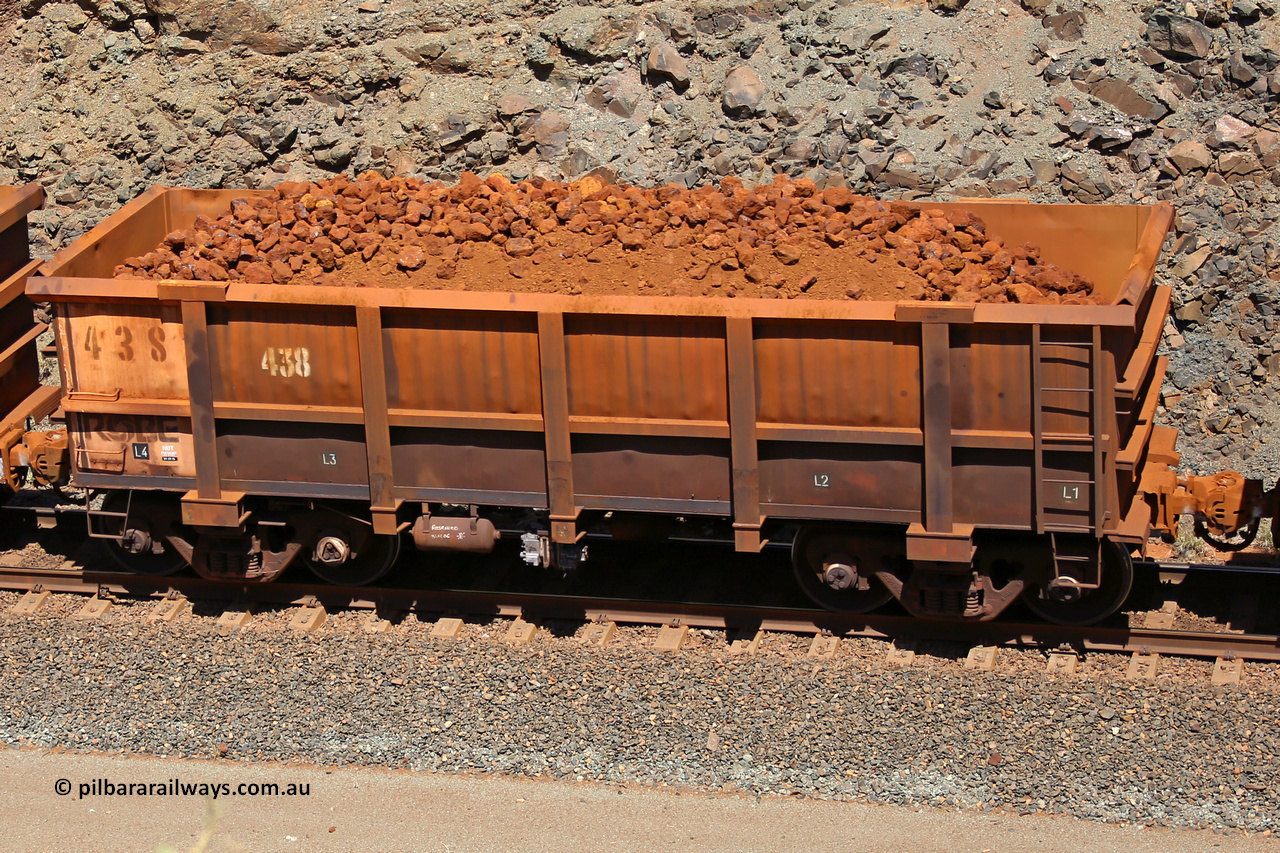 0438 160306 1662
Robe River ore waggon 438, built by Tomlinson Steel WA, fixed coupler non-handbrake side loaded view, at the 45 km, Harding Siding on the Cape Lambert line. March 6, 2016.
Keywords: 438;Tomlinson-Steel-WA;Robe-ore-waggon;