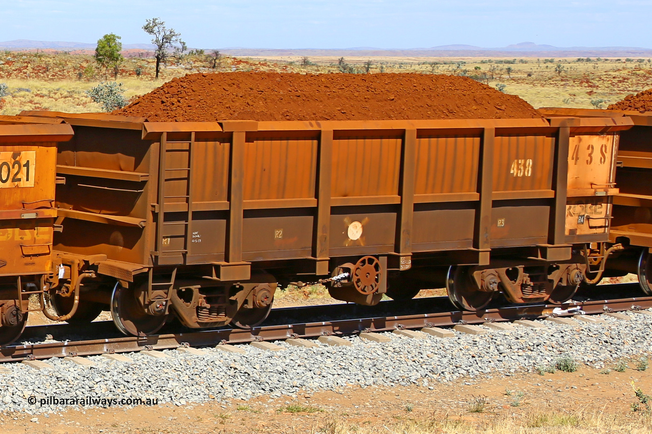 0438 170729 0241
Robe River ore waggon 438, built by Tomlinson Steel WA, fixed coupler handbrake side loaded view at the 103 km, between Maitland Siding and the Fortescue River on the Deepdale line. July 29, 2017.
Keywords: 438;Tomlinson-Steel-WA;Robe-ore-waggon;