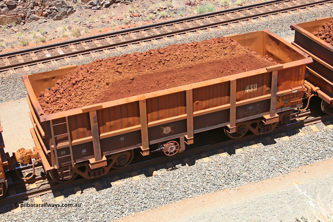 0439 160306 1471
Robe River ore waggon 439, built by Tomlinson Steel WA, fixed coupler handbrake side loaded view, at the 45 km, Harding Siding on the Cape Lambert line. March 6, 2016.
Keywords: 439;Tomlinson-Steel-WA;Robe-ore-waggon;