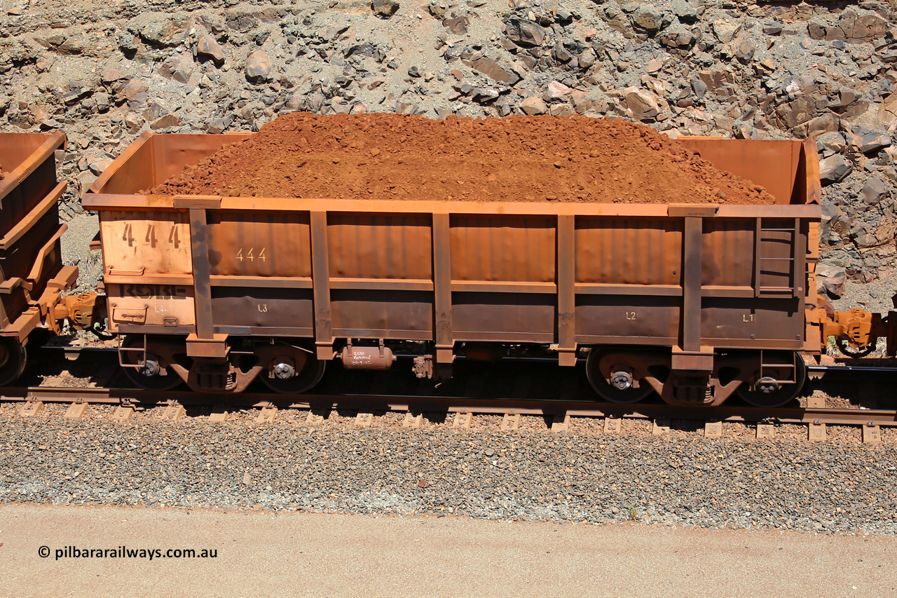 0444 160306 1535
Robe River ore waggon 444, built by Tomlinson Steel WA, fixed coupler non-handbrake side loaded view, at the 45 km, Harding Siding on the Cape Lambert line. March 6, 2016.
Keywords: 444;Tomlinson-Steel-WA;Robe-ore-waggon;