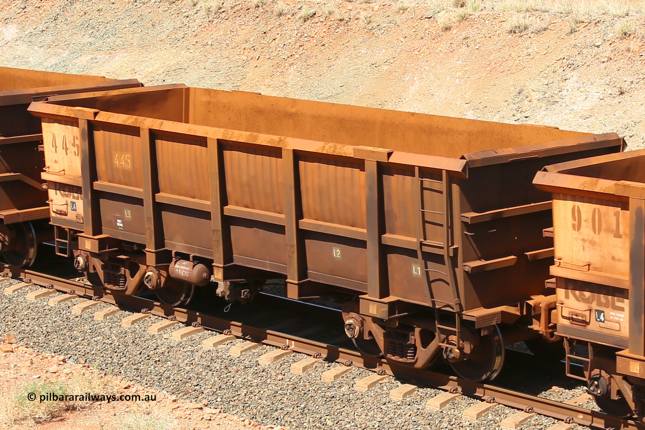0445 160306 1319
Robe River ore waggon 445, built by Tomlinson Steel WA, fixed coupler non-handbrake side empty view at Greenpool on the Cape Lambert line. March 6, 2016.
Keywords: 445;Tomlinson-Steel-WA;Robe-ore-waggon;