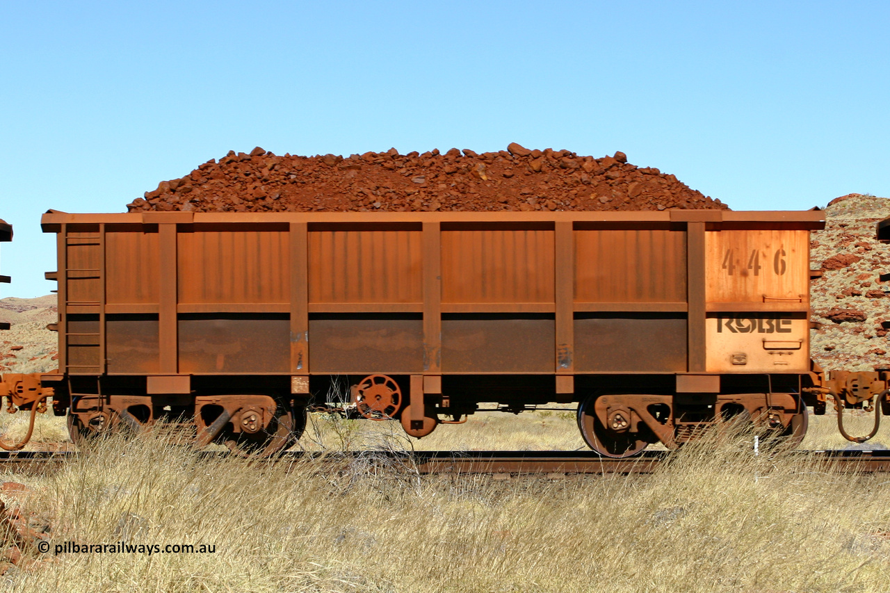 0446 060722 7530
Robe River ore waggon 446, built by Tomlinson Steel WA, handbrake side loaded view at the 78.8 km between Western Creek and Maitland on the Deepdale line. July 22, 2006.
Keywords: 446;Tomlinson-Steel-WA;Robe-ore-waggon;