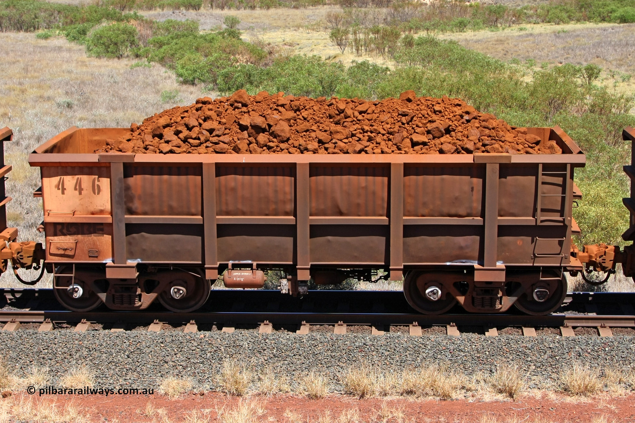 0446 081209 0131
Robe River ore waggon 446, built by Tomlinson Steel WA, non-handbrake side loaded view at the 7 km location just south of Cape Lambert yard. December 9, 2008.
Keywords: 446;Tomlinson-Steel-WA;Robe-ore-waggon;