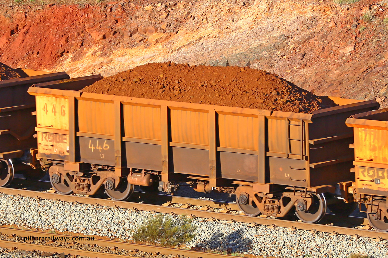 0446 180616 1652
Robe River ore waggon 446, built by Tomlinson Steel WA, fixed coupler non-handbrake side loaded view at the 38.5 km, Harding on the Cape Lambert line, June 16, 2018.
Keywords: 446;Tomlinson-Steel-WA;Robe-ore-waggon;