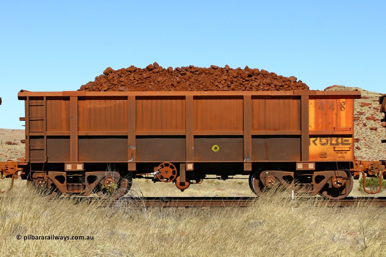 0448 060722 7519
Robe River ore waggon 448, built by Tomlinson Steel WA, handbrake side loaded view at the 78.8 km between Western Creek and Maitland on the Deepdale line. July 22, 2006.
Keywords: 448;Tomlinson-Steel-WA;Robe-ore-waggon;