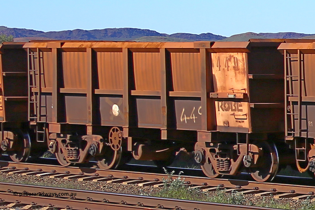 0449 160727 0971
Robe River ore waggon 449, built by Tomlinson Steel WA, rotary coupler end handbrake side empty view at Harding Siding on the Cape Lambert line, July 27, 2016.
Keywords: 449;Tomlinson-Steel-WA;Robe-ore-waggon;