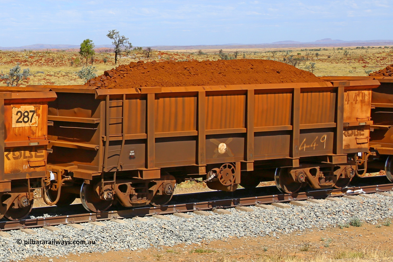 0449 170729 0276
Robe River ore waggon 449, built by Tomlinson Steel WA, fixed coupler handbrake side loaded view at the 103 km, between Maitland Siding and the Fortescue River on the Deepdale line. July 29, 2017.
Keywords: 449;Tomlinson-Steel-WA;Robe-ore-waggon;